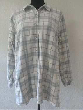 Joan Rivers Cozy Plaid Button-Up Tunic in Soft Gray and Cream With Pockets XL